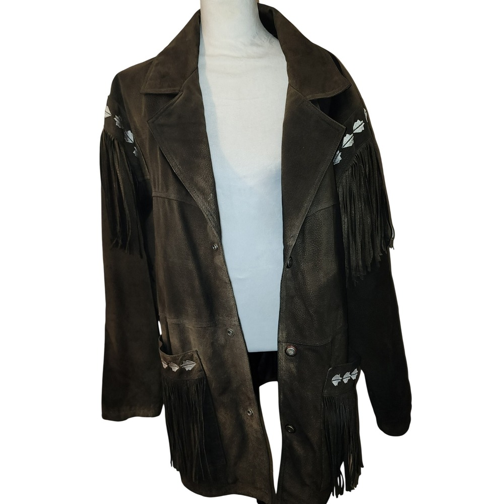 VTG High Noon Leather Fringe Jacket Brown Western  Buttons Mens L / Unisex